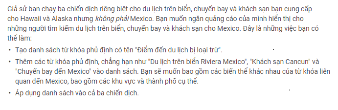 Ví dụ về danh sách từ khóa phủ định