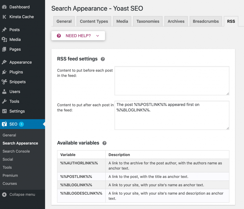 Yoast SEO là gì? Hướng dẫn cài đặt và sử dụng plugin Yoast SEO 77 Thêm nội dung vào trước hoặc sau nội dung bài đăng trong RSS feed
