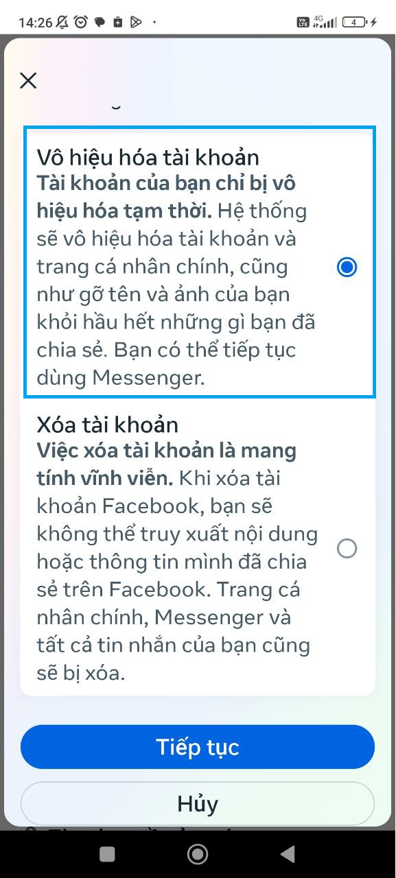Hướng dẫn cách khóa Facebook tạm thời, vĩnh viễn đơn giản nhất 49 Nhấp chọn "Vô hiệu hóa tài khoản"