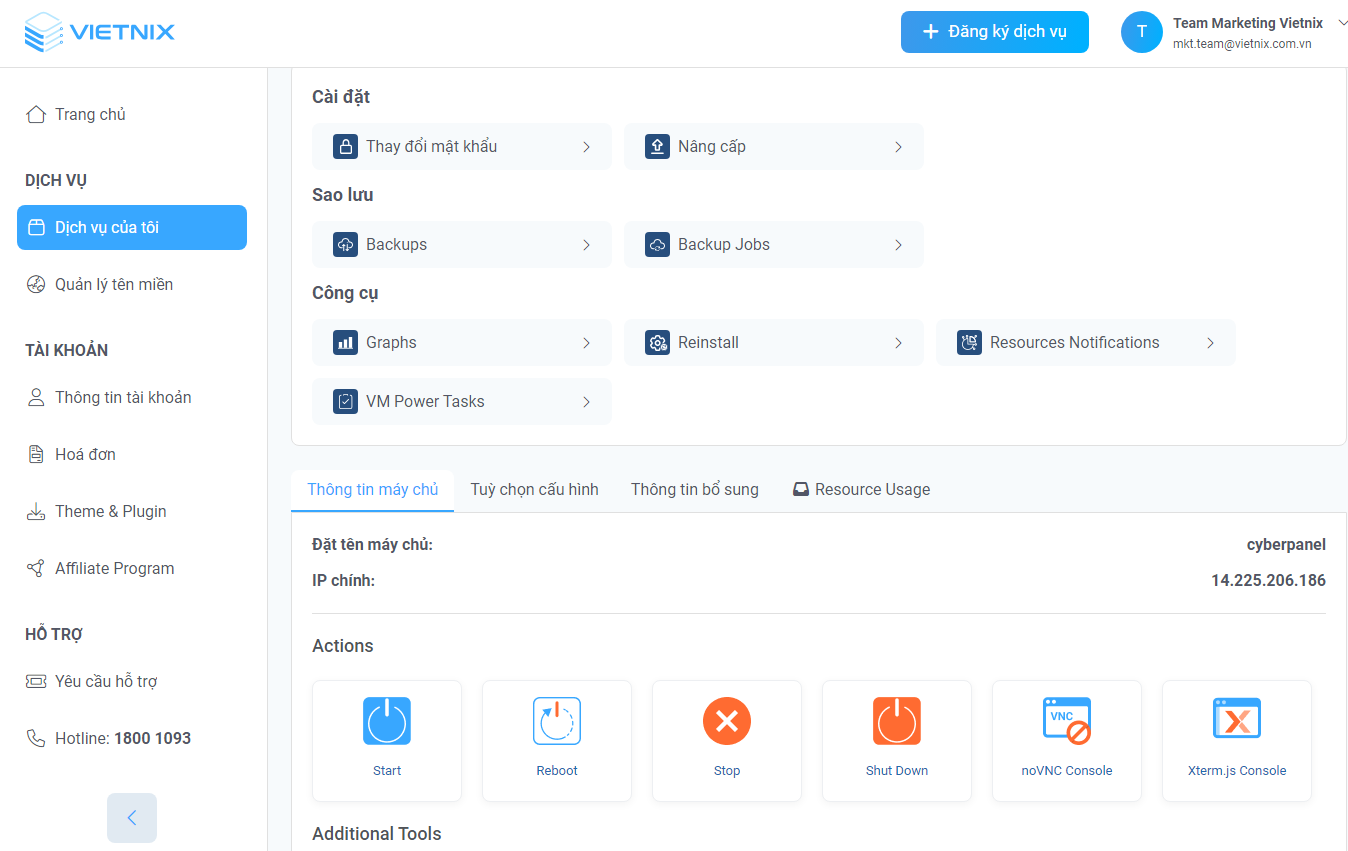 Giao diện quan trị VPS Premium