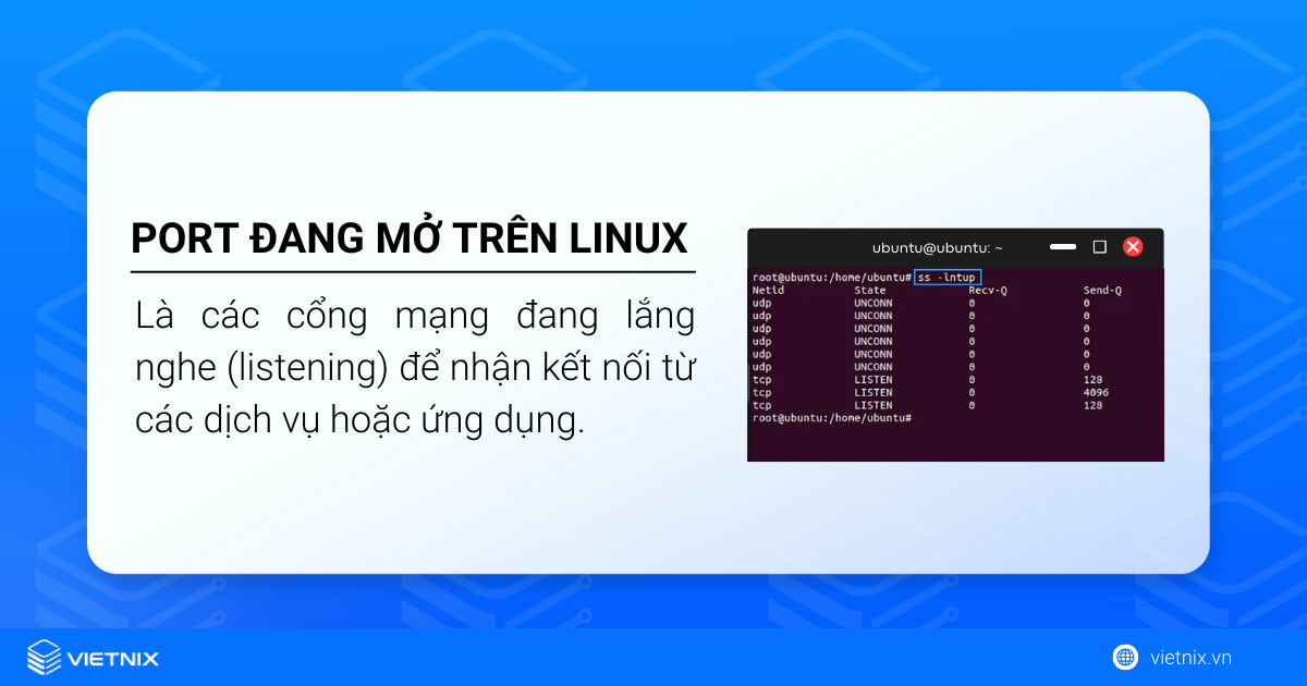 Port đang mở trên Linux là các cổng mạng đang lắng nghe