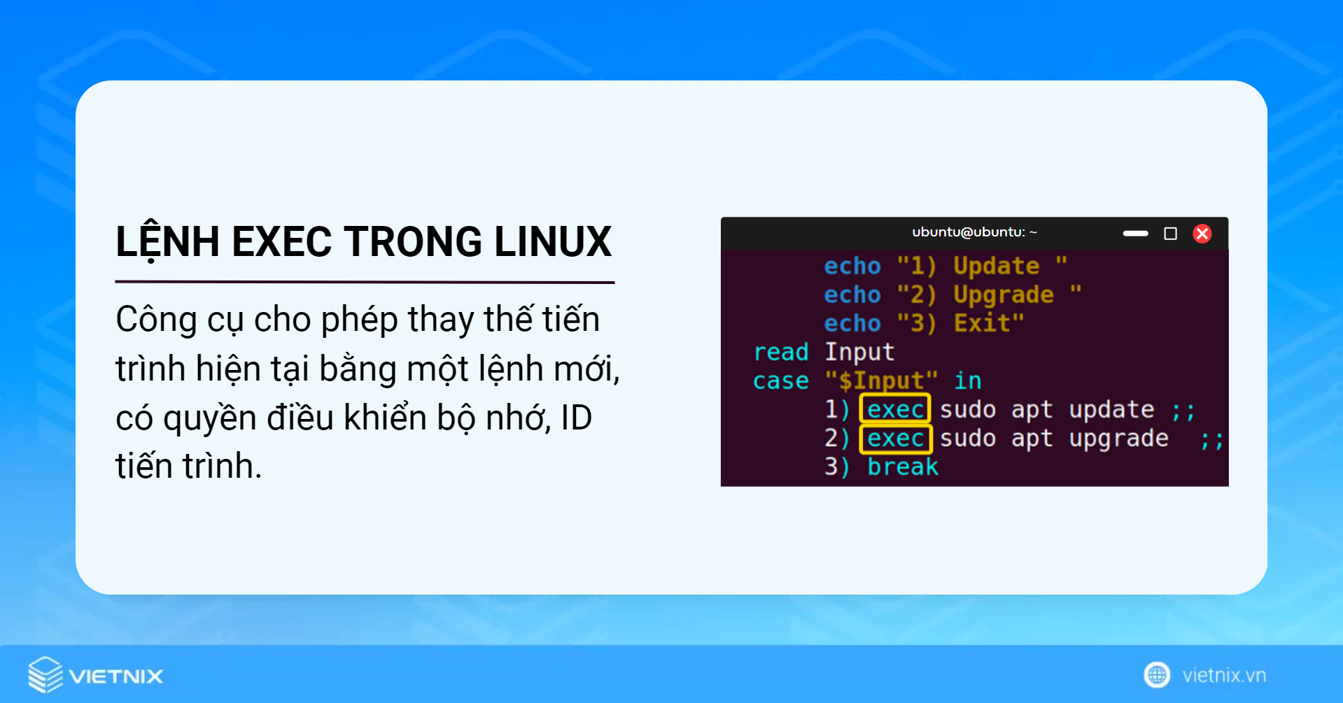 Lệnh exec trong Linux là một công cụ cho phép thay thế tiến trình