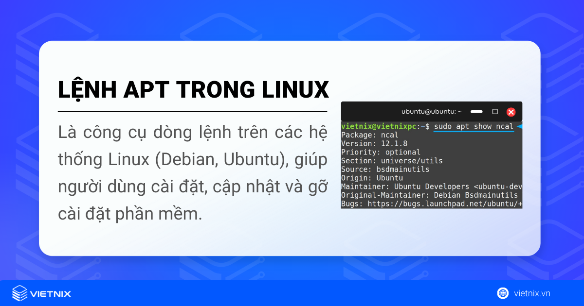 Lệnh apt trong Linux là lệnh giúp người dùng cài đặt, cập nhật và gỡ cài đặt phần mềm