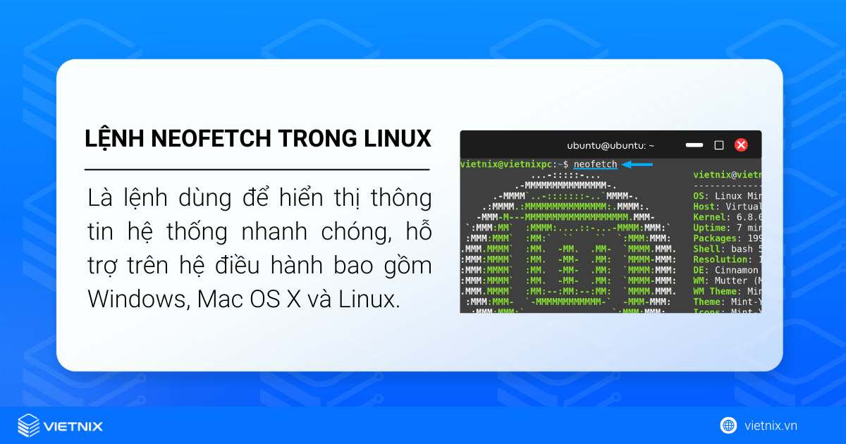 Lệnh neofetch trong Linux là lệnh dùng để hiển thị thông tin hệ thống