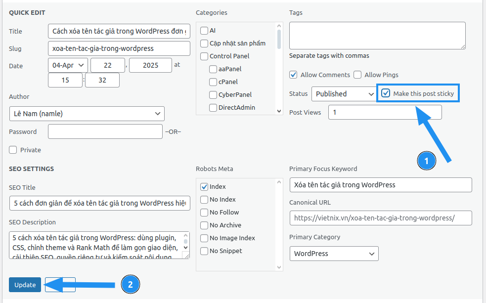 Sticky Post WordPress: Hướng dẫn chi tiết cách tạo và tối ưu hóa bài viết ghim 19 Cách ghim bài viết đã xuất bản bằng Quick Edit