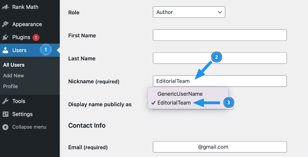 Cách xóa tên tác giả trong WordPress đơn giản và hiệu quả 29 Tại mục Display name publicly as, chọn biệt danh vừa nhập.