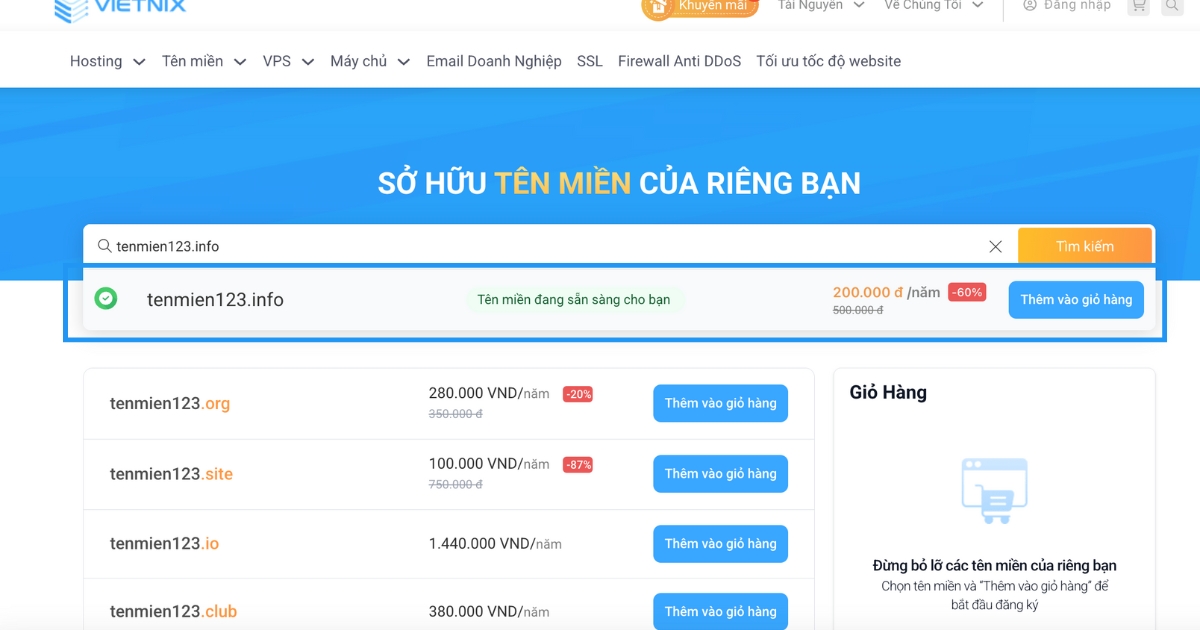 Tên miền .info: Ý nghĩa, ưu nhược điểm và cách đăng ký chi tiết 38 Bạn hãy nhấn nút Thêm vào giỏ hàng