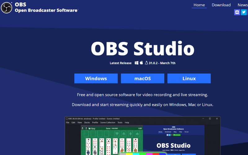Truy cập trang web chính thức của OBS Studio và tải phiên bản phù hợp Truy cập trang web chính thức của OBS Studio và tải phiên bản phù hợp
