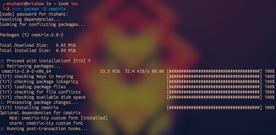 Hướng dẫn cơ bản về lệnh pacman trong Arch Linux chi tiết, dễ thực hiện 13 Cập nhất một gói cụ thể - cmatrix