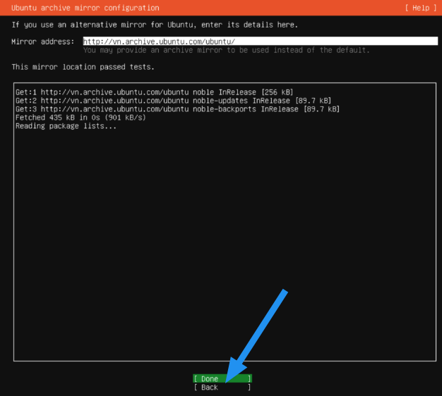 Cài đặt Ubuntu Server 24.04 LTS mới nhất: Hướng dẫn chi tiết 35 Hệ thống chỉ định vị mirror khi đã cấu hình mạng ra Internet thành công
