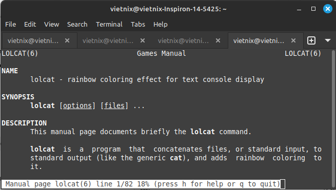 Tìm hiểu lệnh lolcat trong Linux: Hiển thị màu sắc rực rỡ cho Terminal 29 Hoặc xem chi tiết hơn qua trang manual