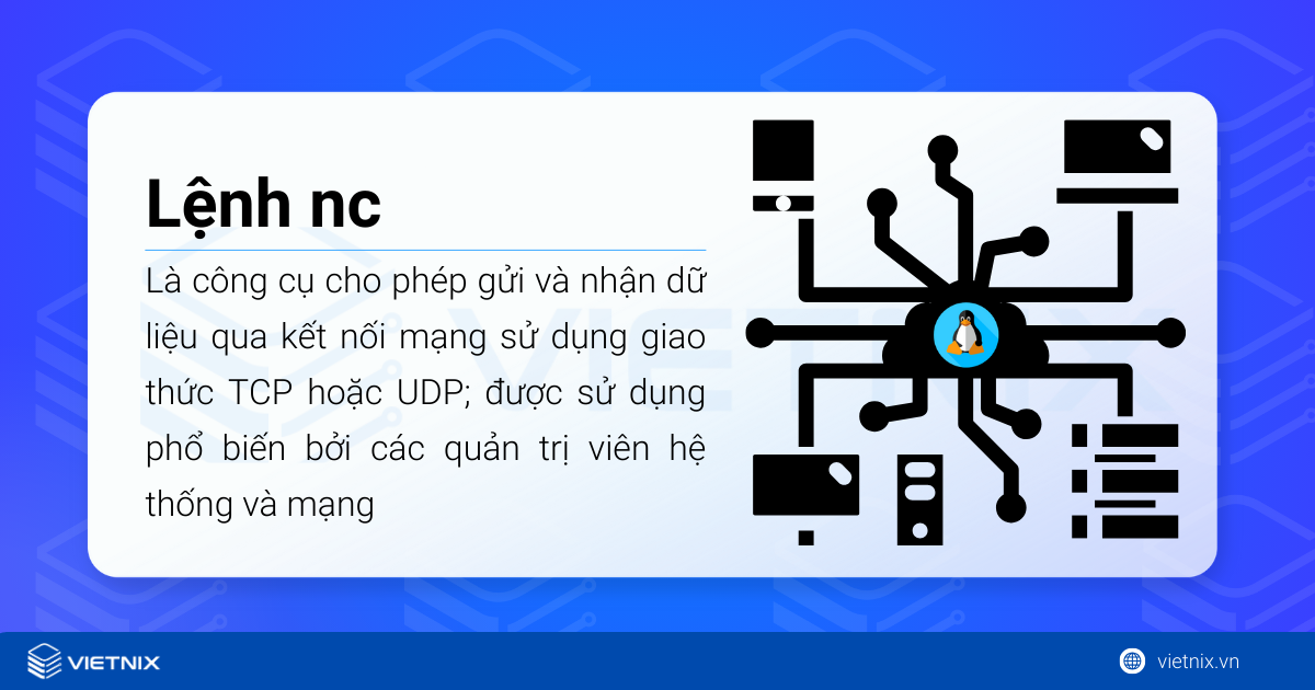 Cách hoạt động của lệnh nc trong Linux 11 Lệnh nc (Netcat) trong Linux là một công cụ dòng lệnh cho phép gửi và nhận dữ liệu qua kết nối mạng sử dụng giao thức TCP hoặc UDP