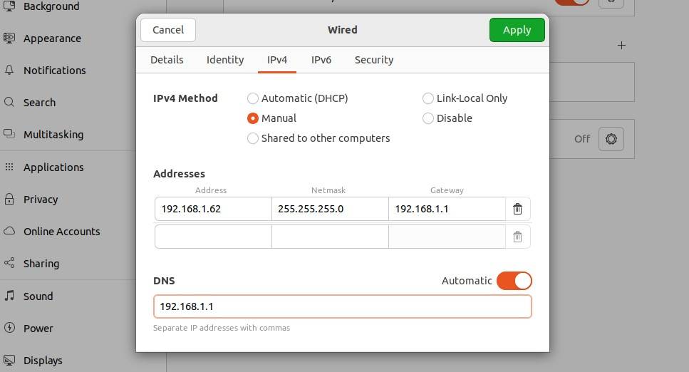 Hướng dẫn cài đặt IP tĩnh trên Ubuntu Server 20.04 / 22.04 / 24.04 16 Nhấn Apply, sau đó tắt/bật lại kết nối để cấu hình có hiệu lực