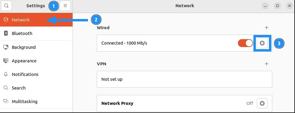 Hướng dẫn cài đặt IP tĩnh trên Ubuntu Server 20.04 / 22.04 / 24.04 14 Nhấn vào biểu tượng bánh răng (⚙️) của kết nối hiện tại