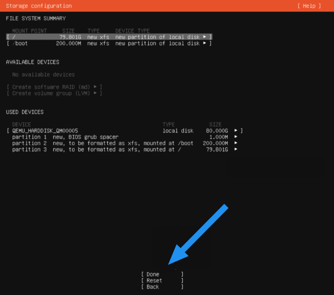Cài đặt Ubuntu Server 24.04 LTS mới nhất: Hướng dẫn chi tiết 39 Sau khi hoàn tất chia phân vùng, chọn Done để tiếp tục
