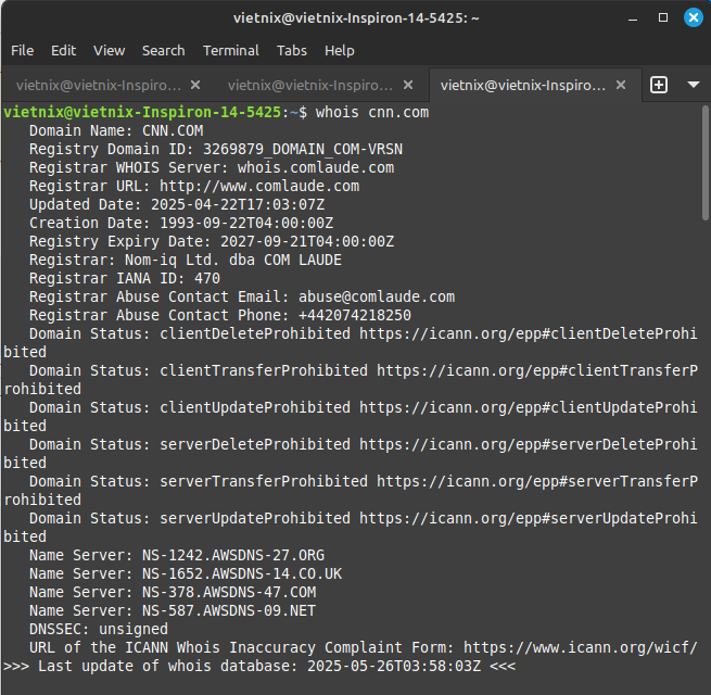 Cách sử dụng lệnh whois trên Ubuntu Linux chi tiết 22 Ví dụ 1: Truy vấn thông tin tên miền