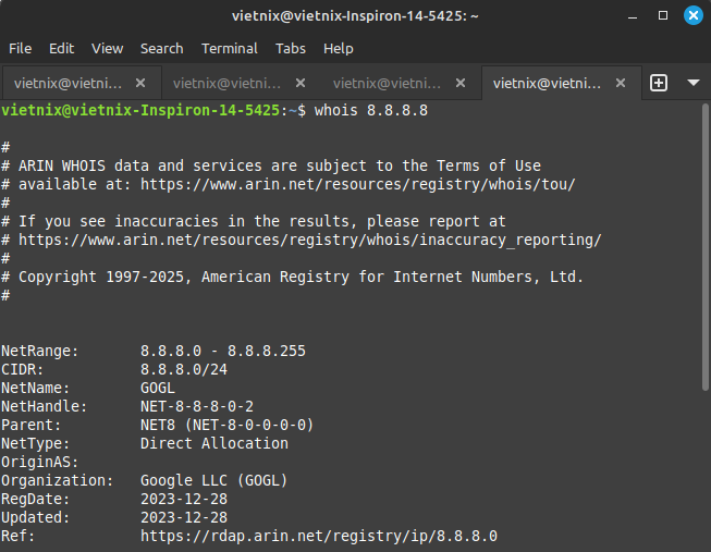 Cách sử dụng lệnh whois trên Ubuntu Linux chi tiết 23 Ví dụ 2: Truy vấn thông tin địa chỉ IP