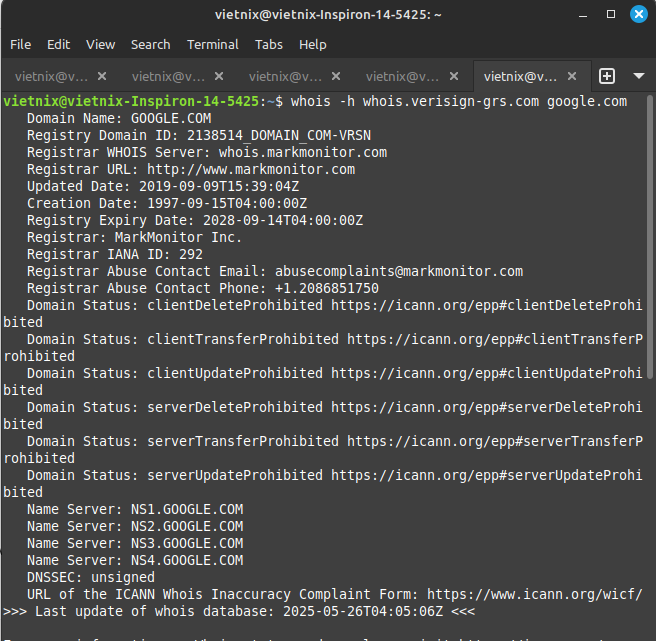 Cách sử dụng lệnh whois trên Ubuntu Linux chi tiết 24 Ví dụ 3: Sử dụng WHOIS server cụ thể