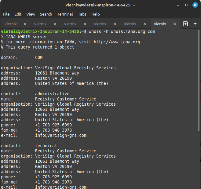 Cách sử dụng lệnh whois trên Ubuntu Linux chi tiết 25 Ví dụ 4: Truy vấn thông tin từ một nhà đăng ký cụ thể