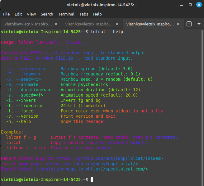 Tìm hiểu lệnh lolcat trong Linux: Hiển thị màu sắc rực rỡ cho Terminal 28 Xem trợ giúp