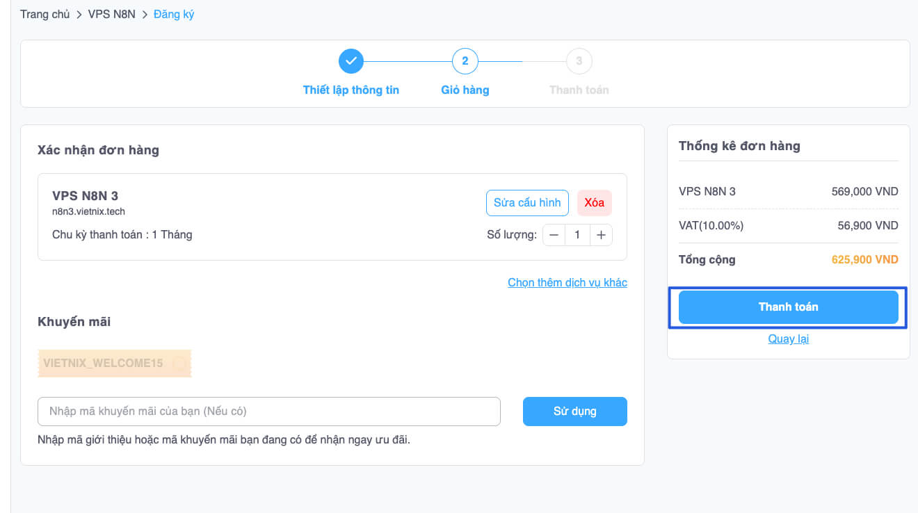 Thuê VPS n8n Giá Rẻ: Tự Động Hóa | Không Giới Hạn Workflow 15 tiến hành thanh toán vps n8n