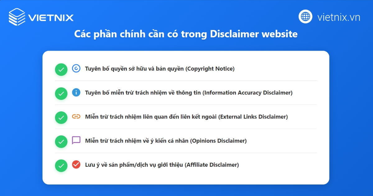 Disclaimer là gì? Tầm quan trọng pháp lý và cách viết hiệu quả 15 Các phần chính cần có trong một Disclaimer cơ bản cho website