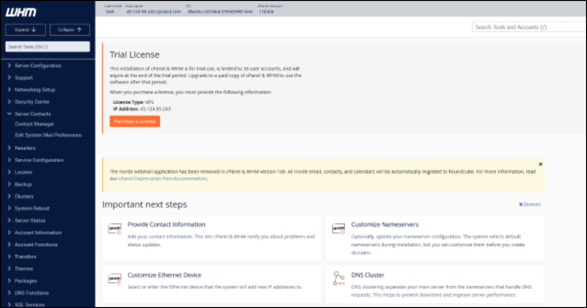 Hướng dẫn cài cPanel trên Ubuntu 20.04 LTS 25 Hoàn tất và bạn sẽ được chuyển đến giao diện chính của WHM