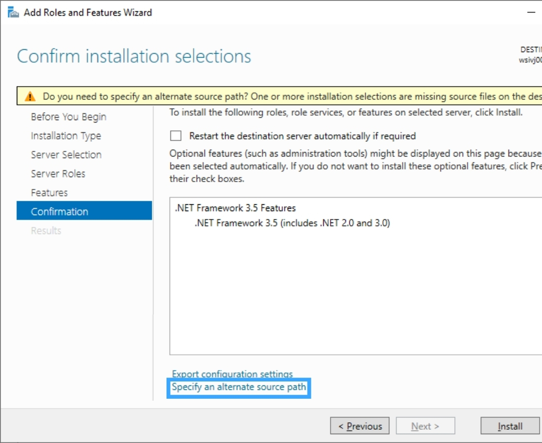 Cách cài .NET Framework 3.5 cho VPS Windows Server chi tiết 39 Bạn hãy nhấp vào liên kết màu xanh có nội dung Specify an alternate source path ở phía dưới cùng của cửa sổ