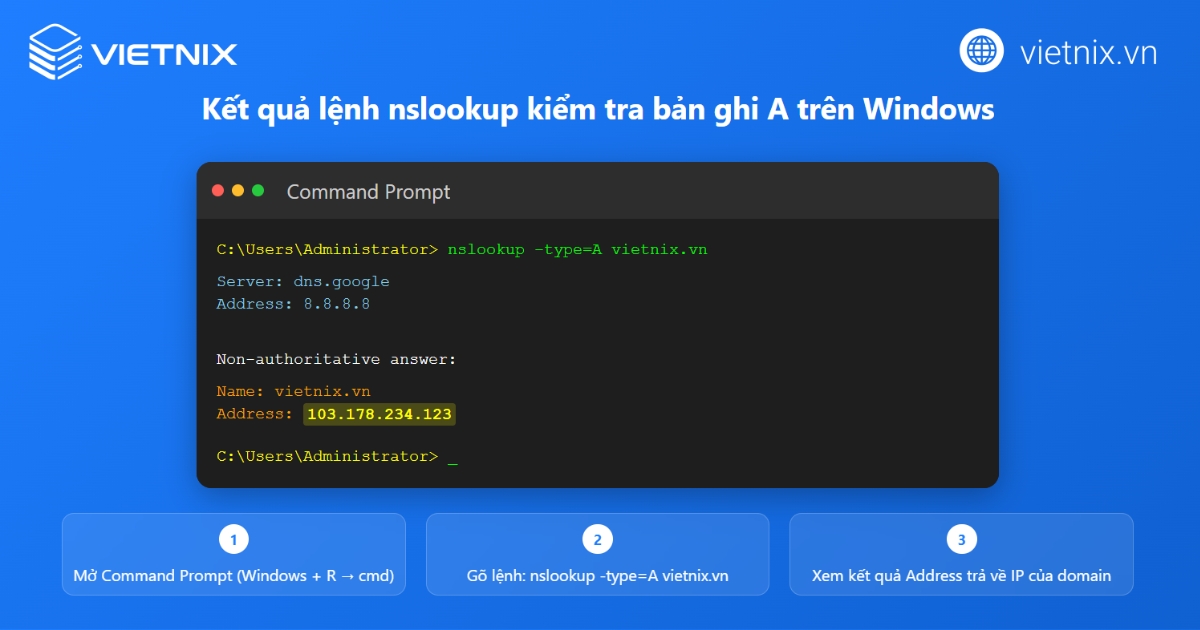 Hướng dẫn kiểm tra DNS của tên miền chi tiết 25 Cửa sổ Command Prompt đang thực thi lệnh nslookup