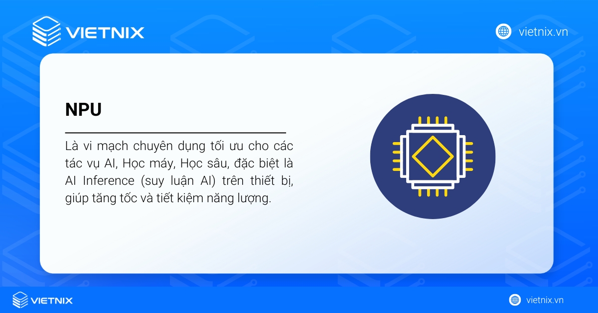 NPU là gì? So sánh chi tiết NPU với CPU, GPU 23 NPU là vi mạch chuyên dụng tối ưu cho các tác vụ AI, Học máy, Học sâu