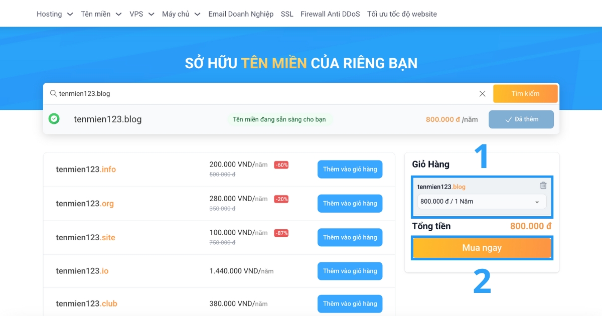 Tên miền .blog là gì? Định nghĩa, ưu điểm và cách đăng ký nhanh chóng từ A-Z 25 Sau khi đã kiểm tra kỹ lưỡng, bạn hãy bấm vào nút Mua ngay để tiếp tục.