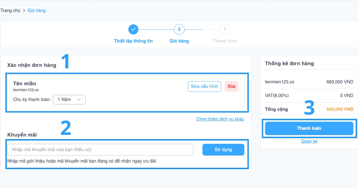 Tên miền .CO là gì? So sánh tên miền .CO với .COM và cách đăng ký chi tiết 41 Sau khi xác nhận đơn hàng, bạn nhấn Thanh toán.