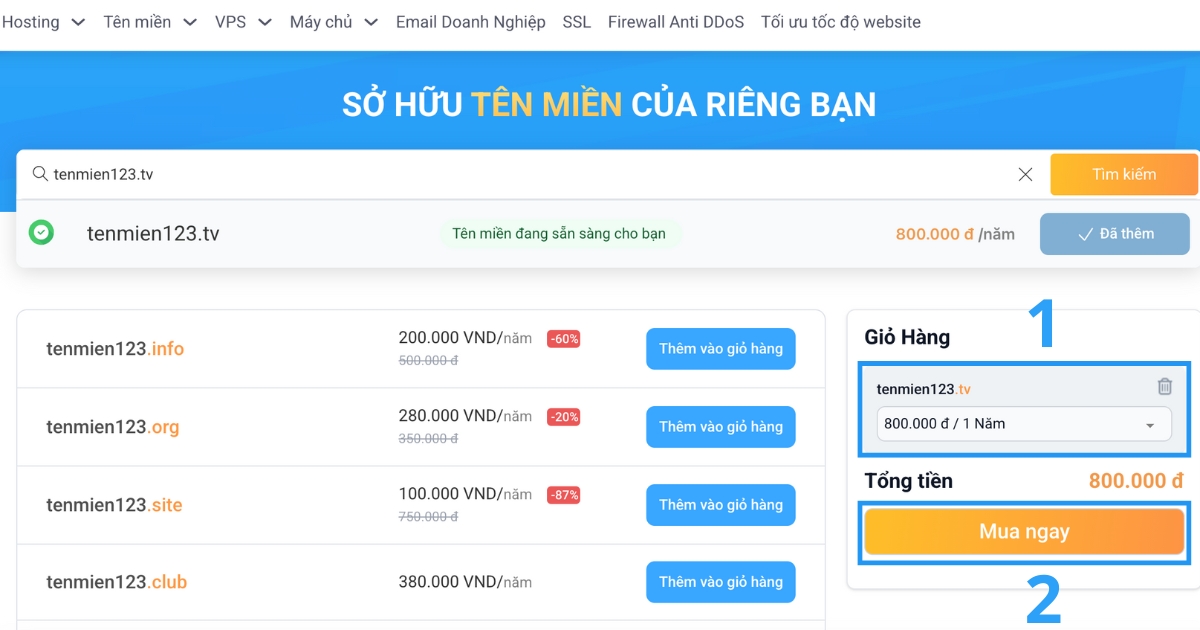 Tên miền .tv là gì? Ý nghĩa, ưu nhược điểm và đối tượng nên dùng 40 Sau khi đã xác nhận thông tin chính xác, bạn bấm vào nút Mua ngay để tiếp tục.