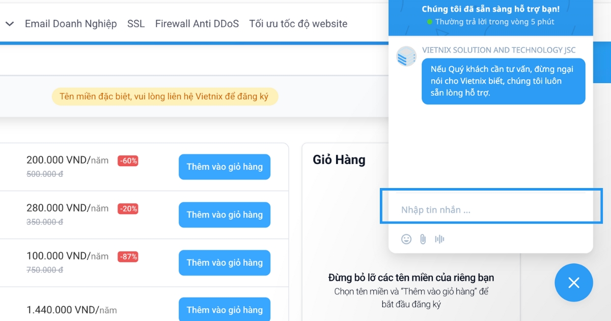 Liên hệ trực tiếp với đội ngũ Vietnix để được hỗ trợ mua tên miền .work