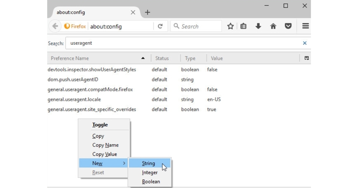 User Agent là gì? Cách xem, đổi User Agent và tối ưu cho website 43 Để tạo mới, bạn hãy nhấp chuột phải vào vùng trống, chọn New, sau đó chọn String