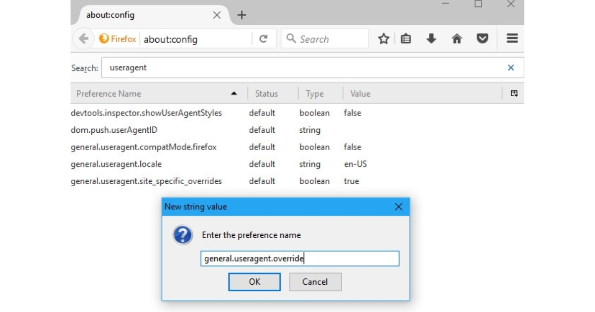 User Agent là gì? Cách xem, đổi User Agent và tối ưu cho website 44 Một cửa sổ nhỏ sẽ hiện ra, yêu cầu bạn đặt tên. Hãy nhập chính xác general.useragent.override rồi nhấn OK