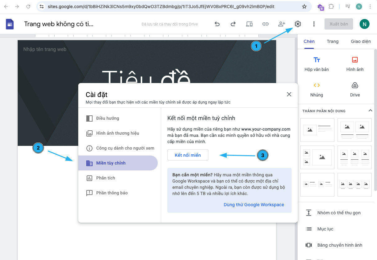 Hướng dẫn add tên miền vào Google Site chi tiết, đơn giản 21 Bạn hãy chọn mục Miền tùy chỉnh