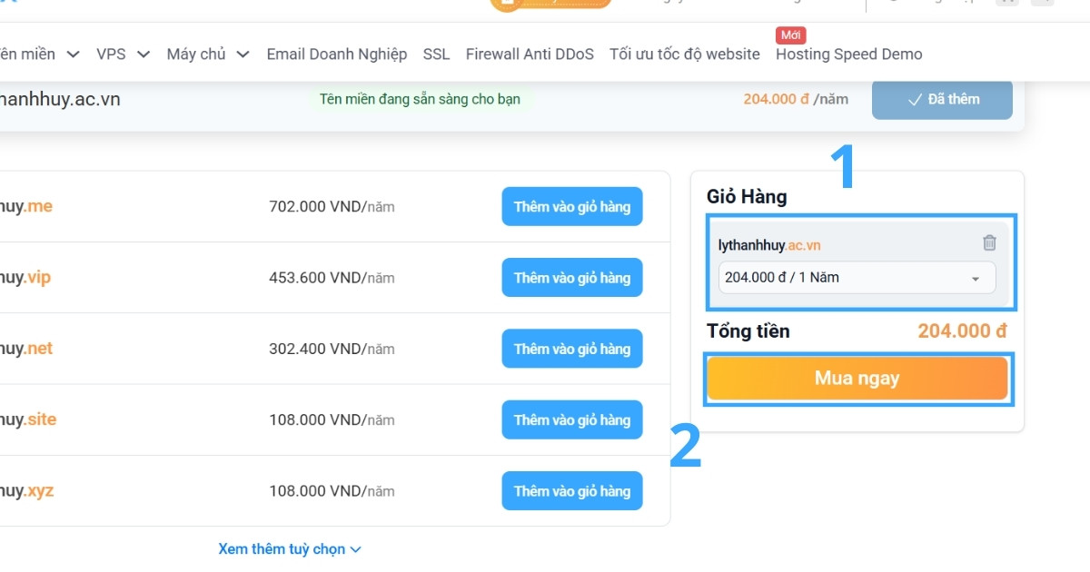 Tên miền .ac.vn là gì? Lĩnh vực nào nên sử dụng tên miền .ac.vn 41 Nếu hợp lý với nhu cầu, bấm Mua ngay để chuyển sang bước kế tiếp