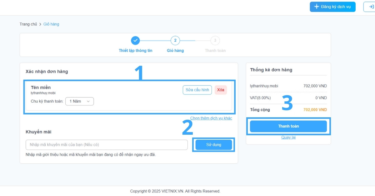 Tên miền mobi là gì? Tối ưu mạng di động với tên miền .mobi hiệu quả 27 Tại bước xác nhận đơn hàng, kiểm tra lại toàn bộ thông tin, thời gian dùng và nhập mã giảm giá (nếu có)