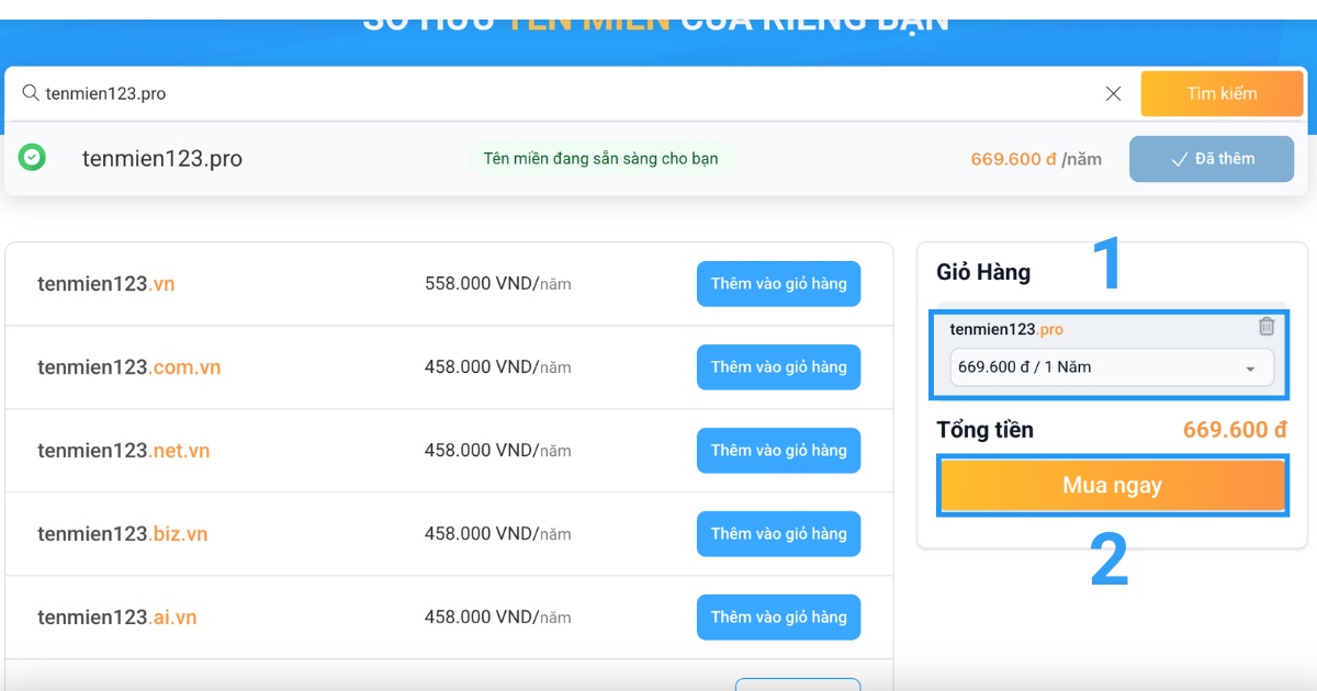 Tên miền .pro là gì? Cách đăng ký tên miền .pro để chuyên nghiệp hóa thương hiệu 30 Bạn chọn thời gian gia hạn và nhấn Mua ngay