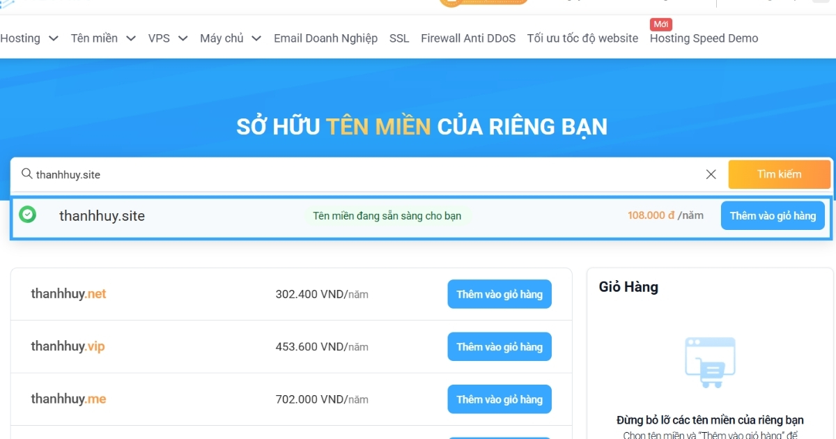 Tên miền .site là gì? Hướng dẫn cách mua tên miền .site đơn giản tại Vietnix 37 Gõ tên miền .site mà bạn muốn mua vào ô tìm kiếm trên website Vietnix