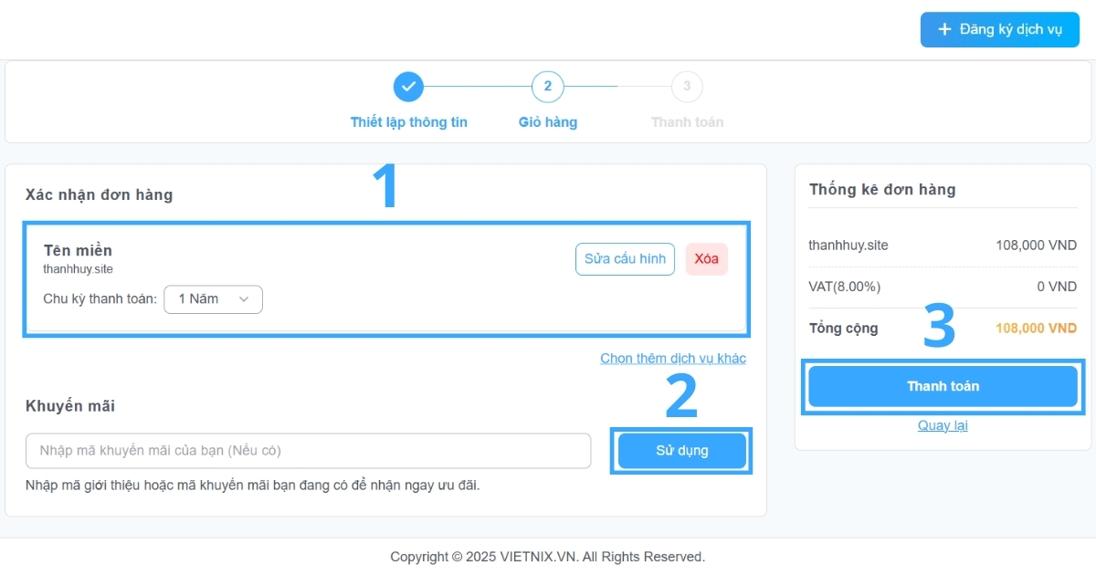 Tên miền .site là gì? Hướng dẫn cách mua tên miền .site đơn giản tại Vietnix 39 Bạn nhấn Mua ngay để chuyển tới bước tiếp theo