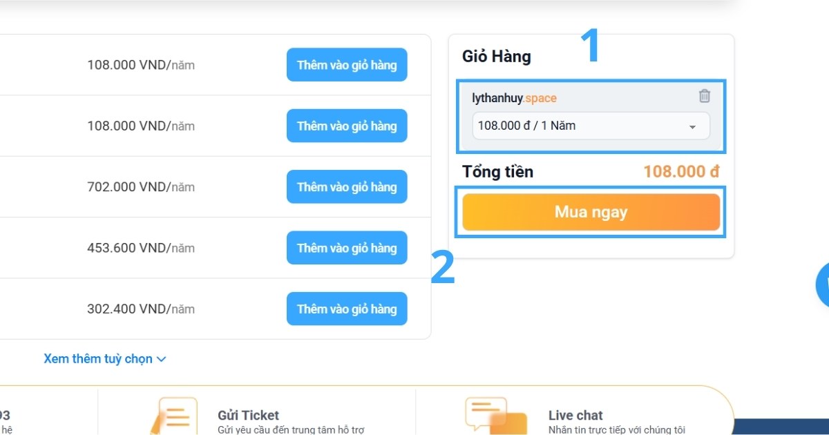 Tên miền .space là gì? Lợi ích, ý nghĩa và cách đăng ký tên miền .space an toàn 29 Nếu mọi thứ đã đúng yêu cầu, chọn Mua ngay để sang bước tiếp theo