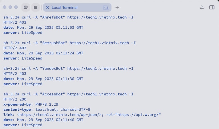 Cách Block User Agent .htaccess: Hướng dẫn chi tiết 24 Thử nghiệm sau khi thêm file htaccessAccessBot truy cập được vì không bị chặn trên htaccess