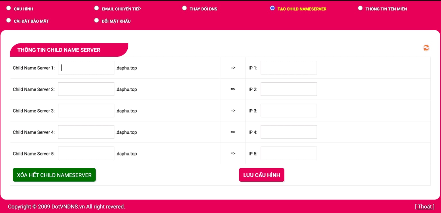 Tìm mục Child Nameservers