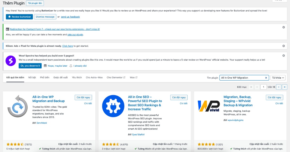 Hướng dẫn 3 cách lấy source code website WordPress đơn giản và chi tiết 26 Tìm kiếm và cài đặt plugin All In One WP Migration