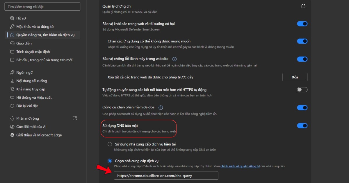 Chọn Chọn một nhà cung cấp dịch vụ để nhập địa chỉ DoH resolver