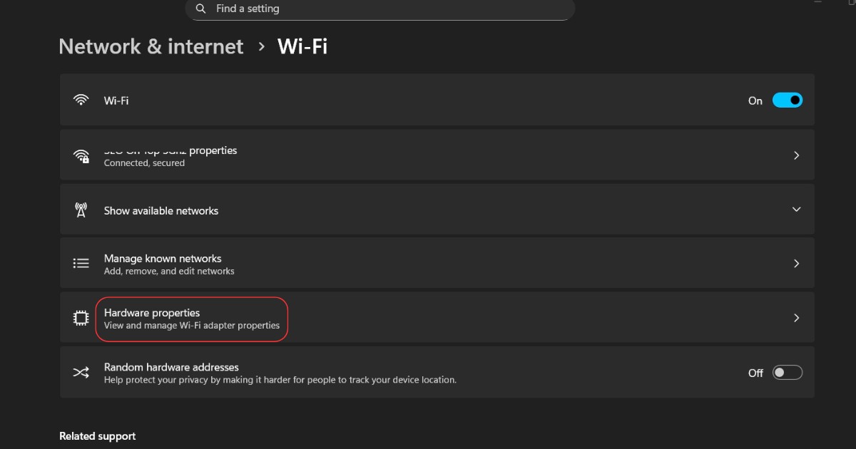 Vào mục Network & Internet rồi chọn Hardware properties