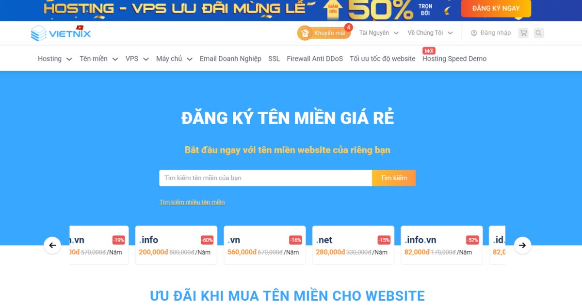 Bạn truy cập vào trang đăng ký tên miền của Vietnix để bắt đầu quá trình đăng ký đuôi .icu