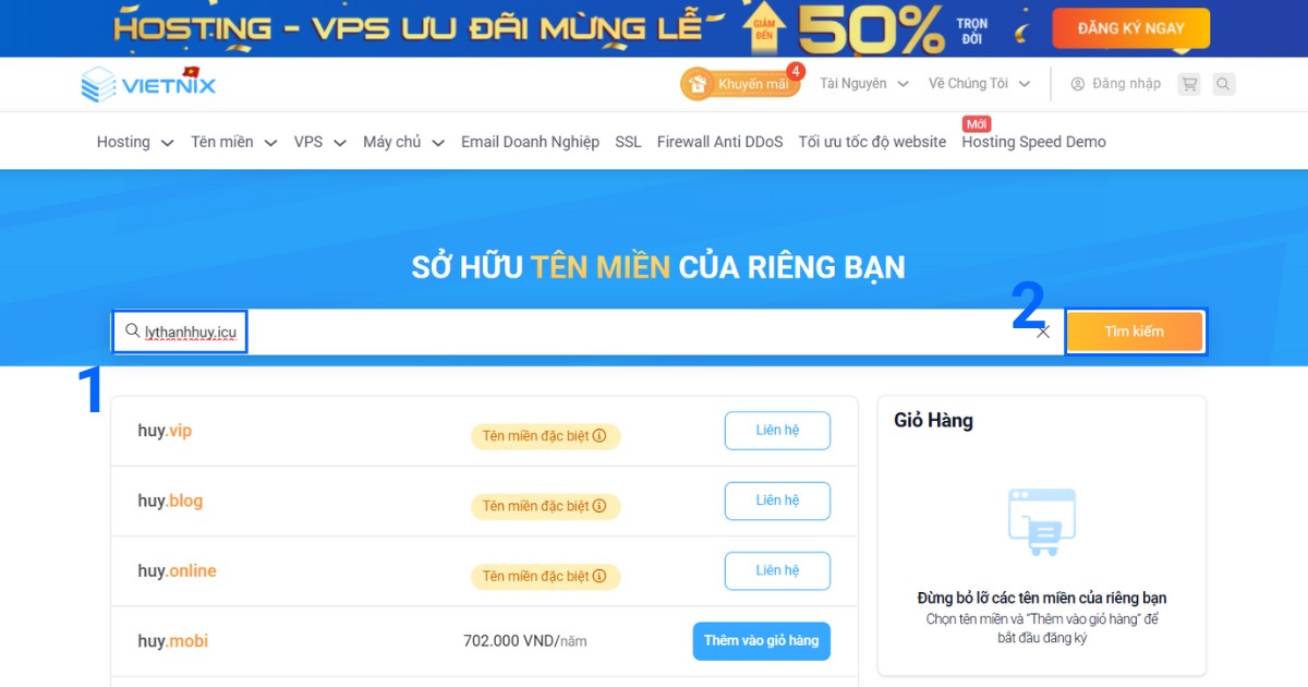 Bạn nhập tên miền .icu mong muốn vào ô tìm kiếm